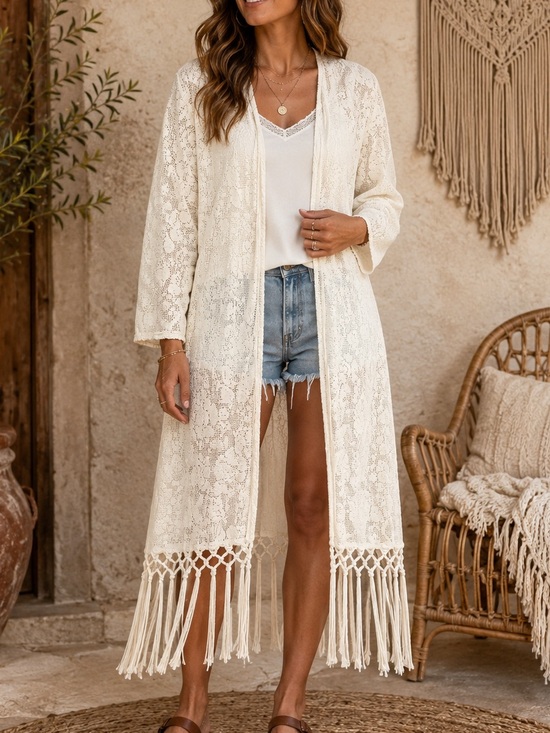 Cato Tops - Cato a bohemian floral lace long duster cardigan medium off white fringe